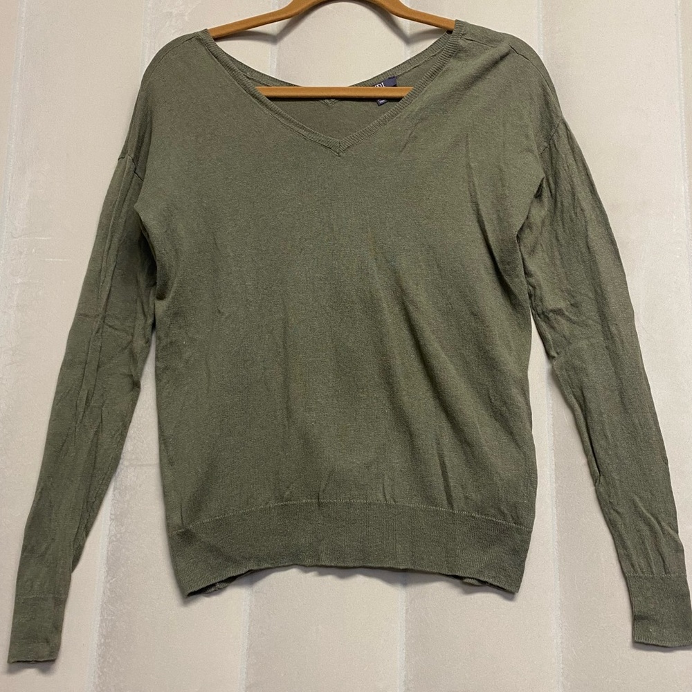 NYDJ Women’s Sweater XXS 2XS Linen Blend Double V-Neck Lightweight Olive Green